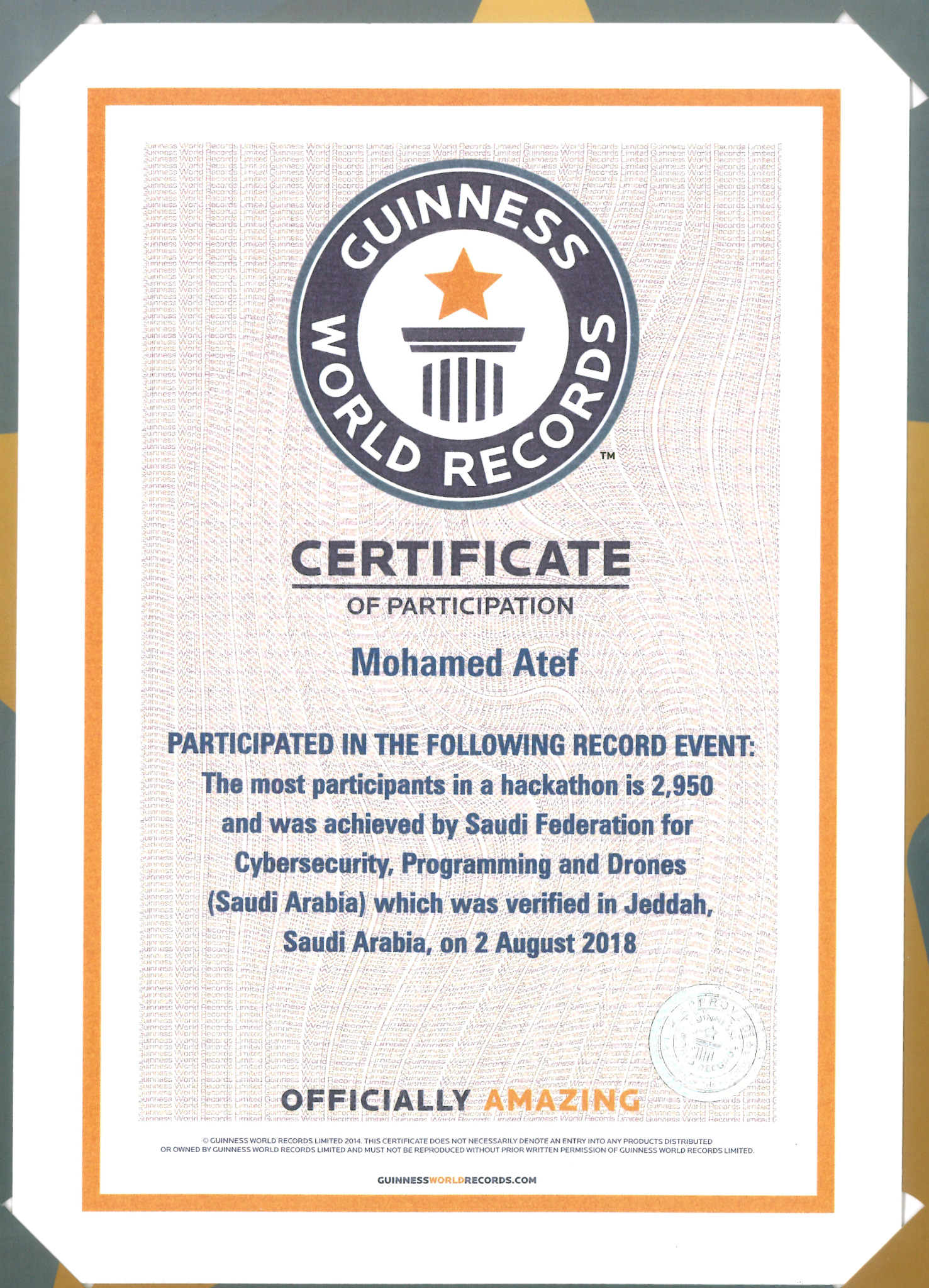Guinness Latest — certificate of Mohamed Atef