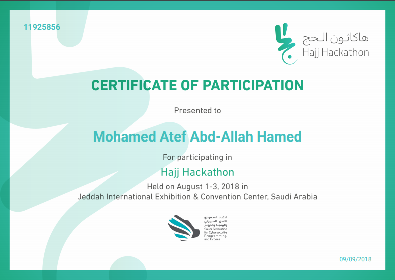 Hajj Hackathon Latest — certificate of Mohamed Atef