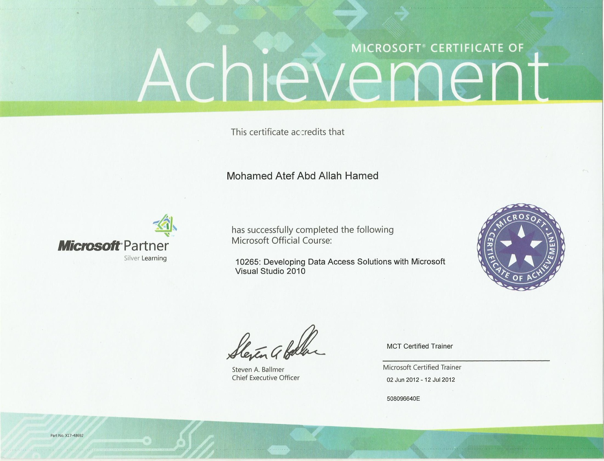 Microsoft Web Apps — certificate of Mohamed Atef